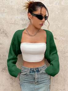 EURMUSE Y2K Grunge Drop Shoulder Open Front Crop Cardigan Without Tube Top - Green - View 11