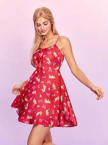 SCOOBY-DOO X SHEIN Women's Cartoon Printed Spaghetti Strap Sleeping Dress With Bow Decor - Red - View 9