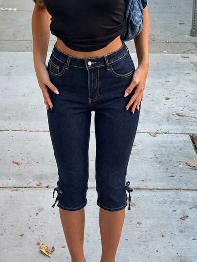 CovetEZ Women's Casual Streetwear Washed Slim Fit Capri Length Denim Jeans Summer Everyday Travel Dark Blue