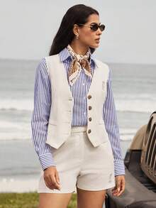 Nima Coro Áo vest không tay cổ V xẻ trước thêu họa tiết, vải linen lyocell màu trắng ngà, phong cách thanh lịch preppy cổ điển tối giản, dành cho nữ công sở, đi làm, đi chơi, du lịch và mặc hàng ngày - Màu be - Xem 11