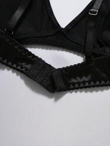 EmpressEnvy 2 件简约纯色内衣文胸和内裤套装，无钢圈内衣文胸，丁字裤 - 黑色 - 查看 4