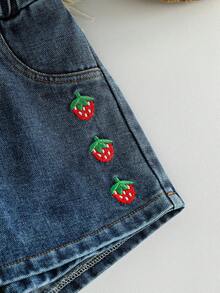 Genkimix Kids 女童時尚休閒可愛草莓刺繡牛仔裙 - 深色水洗藍 - 查看 7