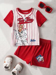 TOM & JERRY X SHEIN Baby Boy Striped Short Sleeve T-Shirt And Shorts Casual Set - Red and White - View 1