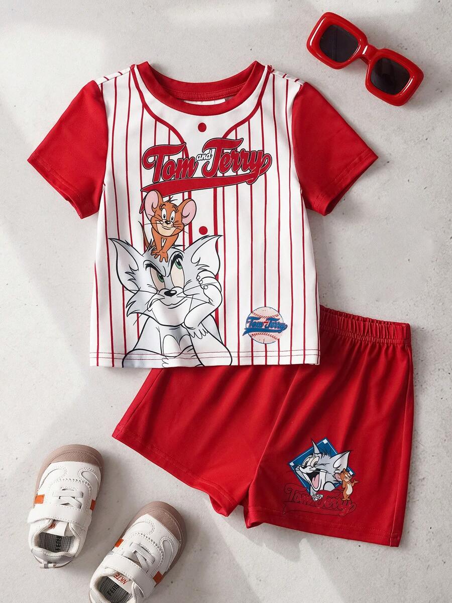 TOM & JERRY X SHEIN Baby Boy Striped Short Sleeve T-Shirt And Shorts Casual Set - Red and White - View 1