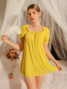 DelicateAllure Women's Solid Color Short Sleeve Mini Nightgown - Yellow - View 4
