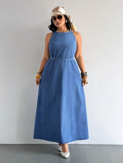 SHEIN ICON Plus Size Summer Casual Sleeveless Long Denim Dress