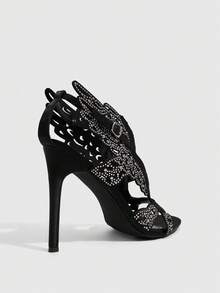 CUCCOO SZL Women's High-Heeled Sandals Rhinestone Wings Decorative Open Toe Shoes Fashion Personalized - Black - View 3