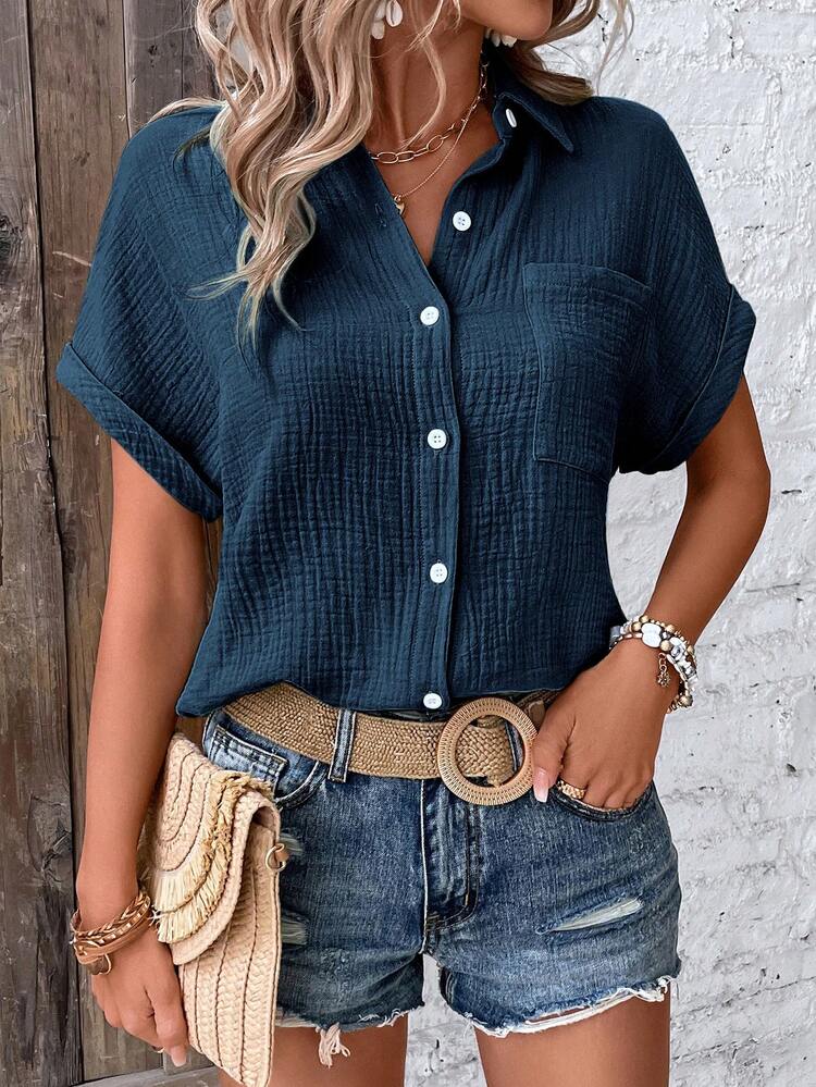 Balvessa Women's Solid Color Batwing Sleeve Single-Breasted Casual Shirt - Navy Blue - View 4