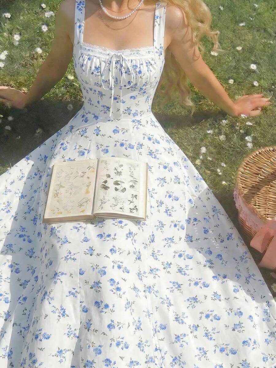 SHEIN MOD Summer White And Blue Floral Cottage Core Picnic Dress,Square Neck Lace Front Panel Gathered Back Tie A Line Maxi Dress For Wedding Guest Party - Blue and White - View 1