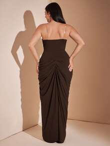 SHEIN BAE CURVE Plus Size Women Black Long Slit Elegant Dress - Brown - View 7