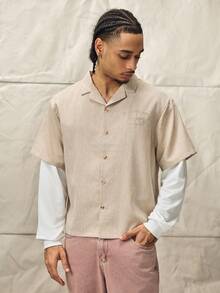 Men's Embroidered Single-Breasted Patchwork Sleeve Fashion Shirt - Brown - View 5
