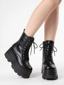 ROMWE Grunge Punk 10厘米厚底系带踝靴，女士休闲时尚，增高鞋，适合秋冬 - 黑色 - 查看 4