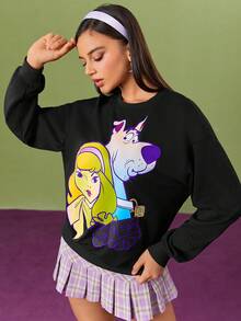 SCOOBY-DOO X SHEIN Women's Casual Gradient Cartoon Printed Loose Fit Drop Shoulder Sweatshirt, Spring/Autumn - Black - View 6
