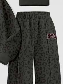 黑粉配色 時尚豹紋運動風對比字母 NYC 圖案 少女休閒柔軟舒適寬鬆圓領套頭衛衣與寬腿褲運動套裝 適合秋冬日常街頭穿搭 新風格 時髦女孩 校園風返校穿搭 - 彩色 - 查看 4