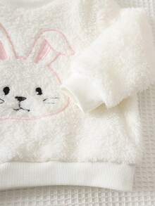 Cozy Pixies Baby Girl Cartoon Rabbit Embroidered Pattern Plush Soft Round Neck Long Sleeve Pullover Sweatshirt Elastic Waist Textured Cartoon Pattern Letter Graphic Plush Long Pants 2-Piece Set - Pink - View 7