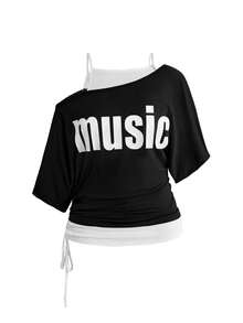 ROMWE Grunge Punk 復古音樂節派對骷髏紮染印花寬鬆不對稱肩 2 合 1 大尺碼 T-shirt - 黑色 - 查看 1