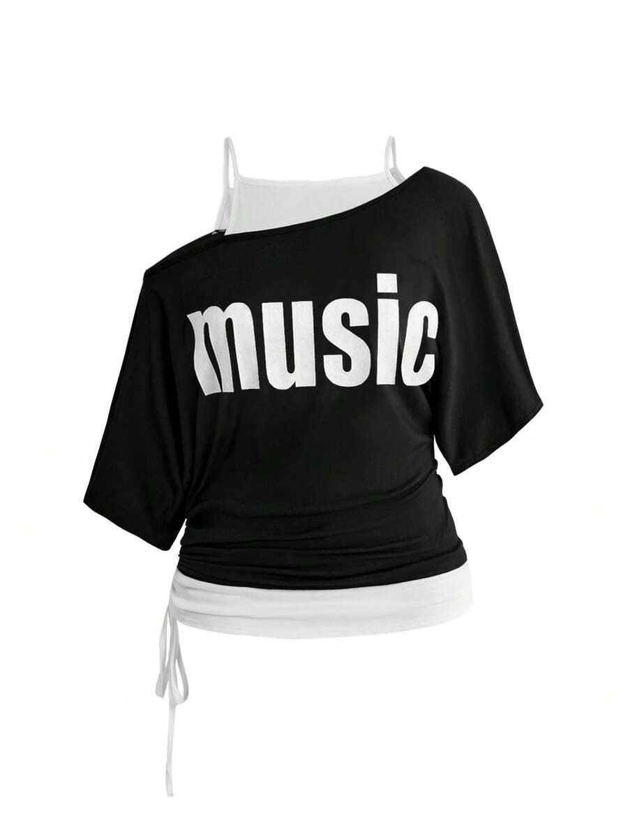 ROMWE Grunge Punk 復古音樂節派對骷髏紮染印花寬鬆不對稱肩 2 合 1 大尺碼 T-shirt - 黑色 - 查看 1