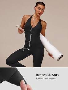 GLOWMODE بودي سوت قابل للتعديل بحمالة رقبة وتصميم ظهر مفتوح مع كؤوس قابلة للإزالة من FeatherFit™-Air Rep The Glow مقاس 24 بوصة، ملابس صيفية لليوغا والبيلاتس والاستوديو - الأسود - مشاهدة 5