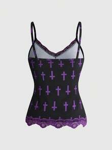 ROMWE Y2K Retro Musical Note & Staff Piano Keyboard Print Fitted Baby Tee With Lace Trim Tank Top 3 Pieces Set - Purple - View 9
