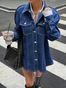 Siren Gaze Women'S Single-Breasted Casual Street Versatile Daily Denim Jacket Fall/Winter Elegant Y2K Chic Basic Festival Back To School Going Out Navy Blue - Blue - View 4