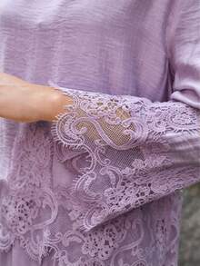Mulvari 女款法式白色蕾絲刺繡拼接上衣與裙子兩件套 - 紫色 - 查看 8