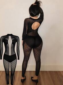 BamGleam Women's Round Neck Long Sleeve Cutout Design Fitted Sexy Mesh Jumpsuit - Black - View 2