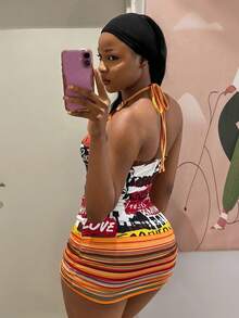 StreetHx Reggae Style Graffiti Print, Halter Neck Backless, Fitted Bodycon Mini Dress - Multicolor - View 2
