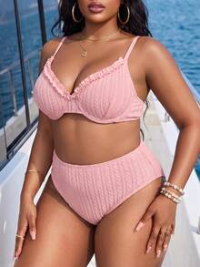 Swim Mod Conjunto de 2 piezas de ropa de playa para mujer, nuevo verano 2026, dulce, elegante y lindo, adecuado para vacaciones, playa, fiesta, uso en yate, hecho de tela texturizada, decorado con ribete acolchado, top de sujetador con copa suave ajustable y conjunto de bikini lindo, conjunto de traje de baño de talla grande - Rosa - Ver 3