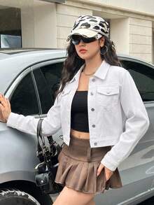 SHEIN 青少年女孩白色牛仔領口短版修身長袖夾克 - 白色 - 查看 4