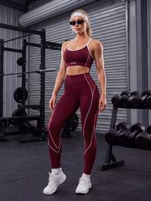 Solea Cove Solea Cove Conjunto deportivo de top halter sin espalda y leggings para mujer - Burdeos - Ver 6