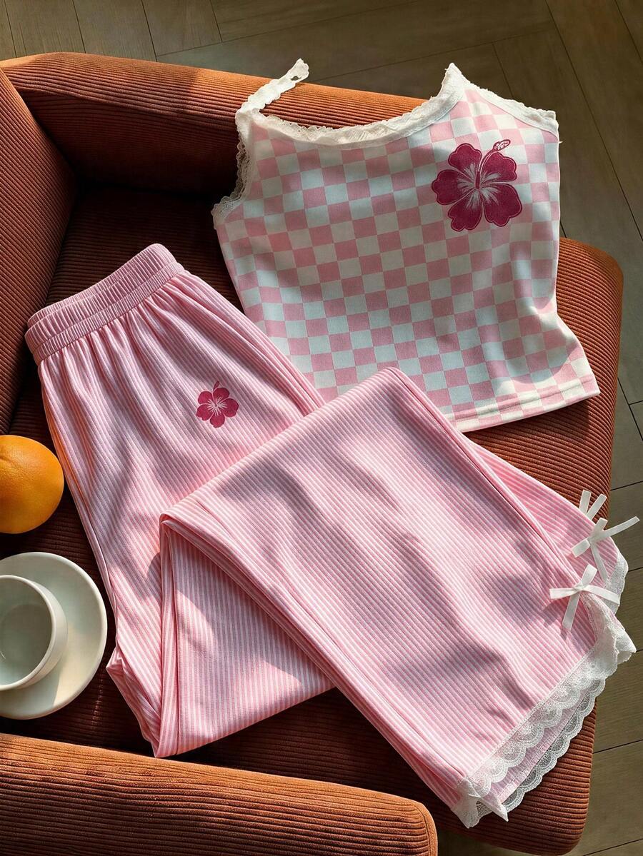 Comfortcana 2026夏季新款女士休闲粉色蕾丝边吊带格纹上衣搭配粉色条纹裤两件套,返校季米黄色两件套,适合夏季、度假、音乐节等场合 - 彩色 - 查看 1