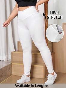 SHEIN Tall CURVE 大尺碼女款純色不對稱腰線休閒緊身褲 - 米色 - 查看 1