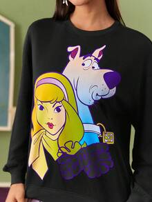 SCOOBY-DOO X SHEIN Women's Casual Gradient Cartoon Printed Loose Fit Drop Shoulder Sweatshirt, Spring/Autumn - Black - View 5