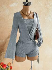 Soleia Women's Solid Color Contrast Lace Flare Sleeve Romper - Grey - View 7