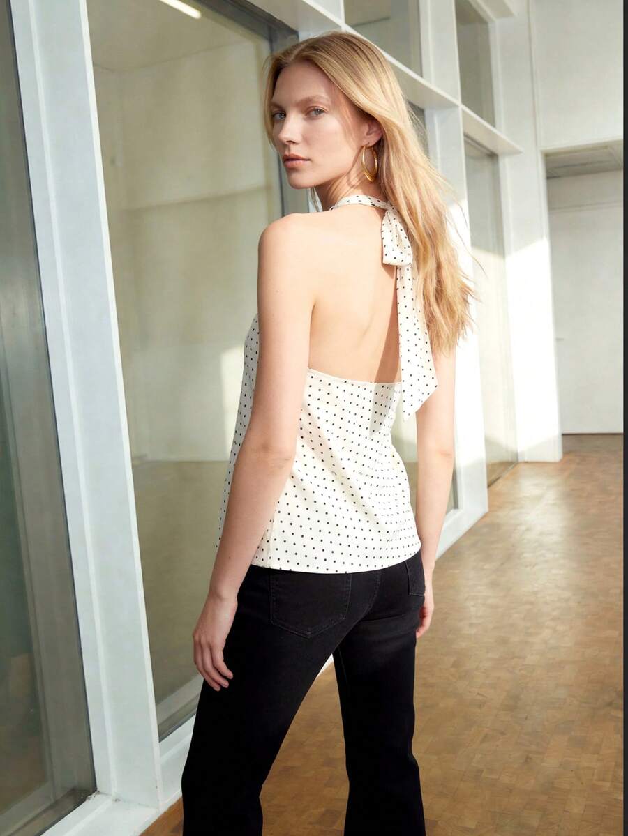 MOTF PREMIUM WOMEN'S SPRING/SUMMER METAL BUCKLE POLKA DOT PRINT HALTER TOP - Apricot - View 2