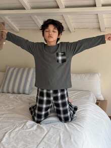DAZY 大童男孩圓領長袖上衣與格紋長褲休閒日常居家睡衣套裝 - 深灰色 - 查看 7