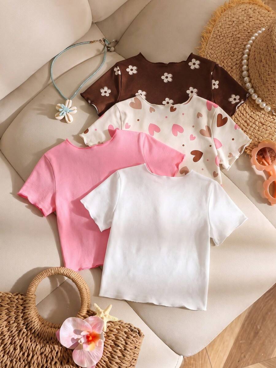 4pcs Young Girl 3D Cherry Decor, Leopard Print Heart Polka Dot Print With Solid Color Knit Ruffle Hem T-Shirts, Versatile Pullover Tops Baby Pink - Multicolor - View 1