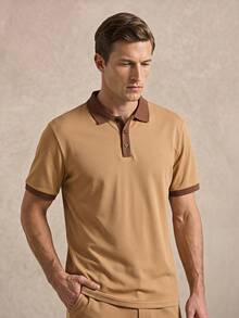 Courvante Men's Summer Khaki Colorblock Polo Shirt, Short Sleeve Knit Button Front Contrast Trim, Old Money Casual Beach Vacation Outfit Gift - Khaki - View 1