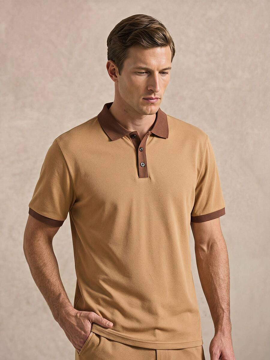 Courvante Men's Summer Khaki Colorblock Polo Shirt, Short Sleeve Knit Button Front Contrast Trim, Old Money Casual Beach Vacation Outfit Gift - Khaki - View 1