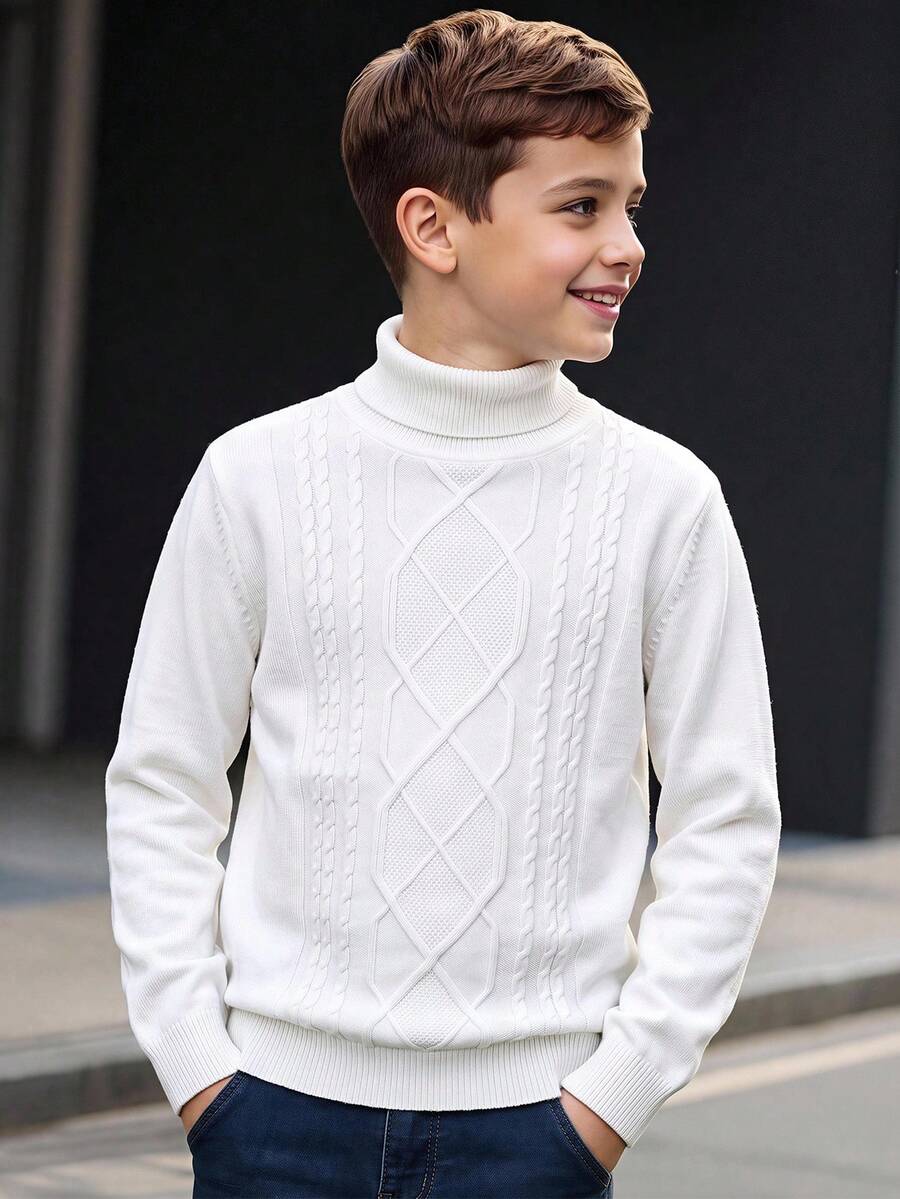 SHEIN White Autumn/Winter High Neck Kids Vintage Textured Comfortable Preppy Style Solid Color Loose Casual Sweater Suitable For School And Outings