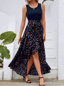 INAWLY Ditsy Floral Print Ruffle Trim Asymmetrical Hem Belted Dress - Multicolor - View 5