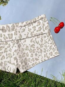 Comfortcana Women's Summer Casual Leopard Print Folded Waist Shorts - Light Grey - View 3