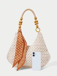 SHECARRY Women's Fashionable Elegant Simple Spring And Summer Vacation Beach Straw Woven Silk Scarf Decoration Wooden Beads Shoulder Strap Design Shoulder Bag - White - View 6