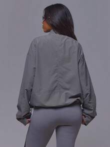 Musera Sport Grey High Neck Loose Fit Front Flap Loose Oversized Fit Drawstring Cinched Waist Nylon Sport Jacket Pilates Fitness Daily Casual Everyday Void - Dark Grey - View 4