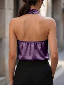 SHEIN Clasi Blusa elegante de color contrastante para mujeres, adecuada para ir al trabajo y citas, tela cómoda, primavera/verano - Morado - Ver 2