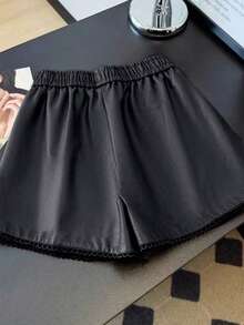 Franclia New Women's Casual Black Wide Leg Elastic Waist Lace Patchwork Leather Shorts - Black - View 2