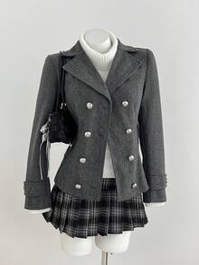 Elamini Women's Autumn/Winter Campus Style Cinched Waist Lapel Double-Breasted Mid-Length Grey Tweed Coat - Dark Grey - View 1