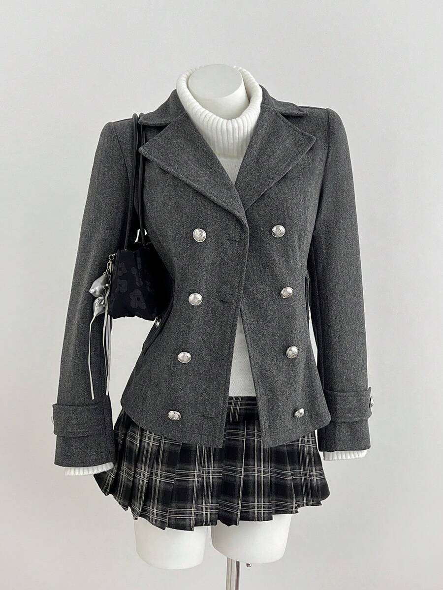 Elamini Women's Autumn/Winter Campus Style Cinched Waist Lapel Double-Breasted Mid-Length Grey Tweed Coat - Dark Grey - View 1