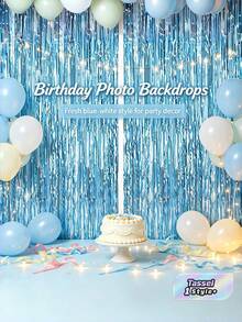 2pcs Metallic Foil Tassel Photo Booth Backdrop Curtain, Large & Small Square Rain Streamer, Background For Birthday, Wedding, Party, Graduation, Mother's Day, Various Occasions - Baby Blue - View 1