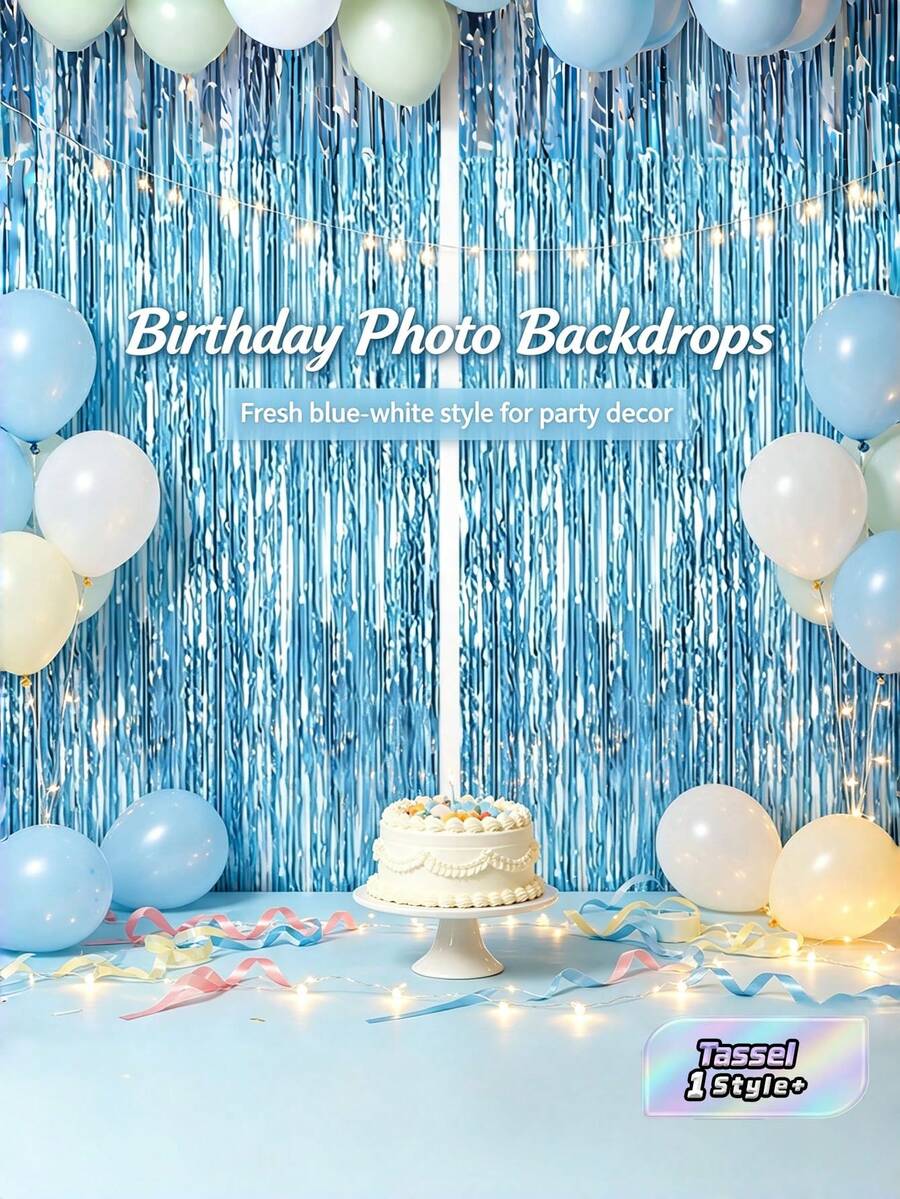 2pcs Metallic Foil Tassel Photo Booth Backdrop Curtain, Large & Small Square Rain Streamer, Background For Birthday, Wedding, Party, Graduation, Mother's Day, Various Occasions - Baby Blue - View 1